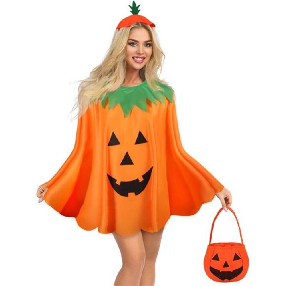 Adult Halloween Pumpkin Costume Set Pumpkin Cloak Poncho with Candy Bag Hat